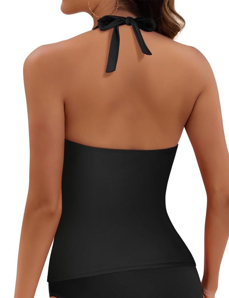 Hilor Women's Plunging V Neck Halter Swim Tops Shirred Tankini Top New Version Black 14 - Image 5